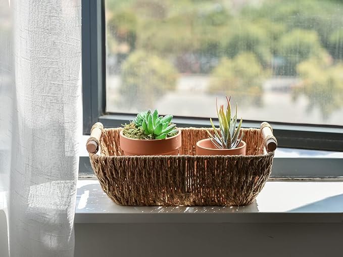 StorageWorks Hand-Woven Small Wicker Baskets, Round Paper Rope Storage Baskets with Wooden Handles, Light Brown, 2-Pack - Image 6