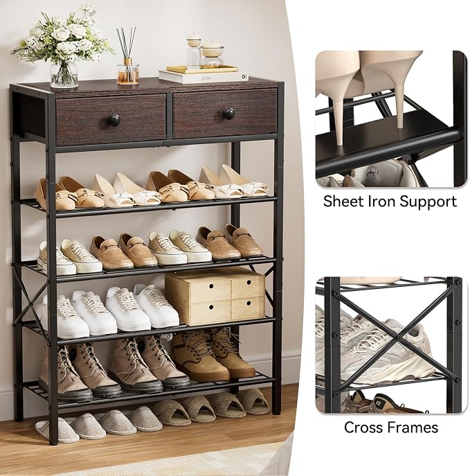 Shoe Rack for Entryway, 5 Tier Shoe Organizer with 2 Non-Woven Drawers, Metal Storage Shoe Shelf for 16-20 Pairs of Shoes, with Wooden Top and Steel Frame, Shoe Stand for Closet Dark Brown - Image 6