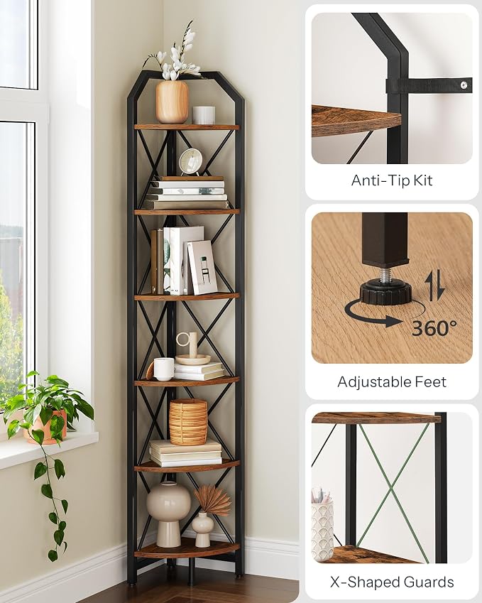 CHOEZON 6-Tier Corner Shelf, Industrial Corner Bookshelf, 71.2" Corner Storage Stand, Plant Stand Display Shelf, Corner Bookcase for Bedroom, Living Room, Home Office, Rustic Brown and Black TCJ11BF - Image 4