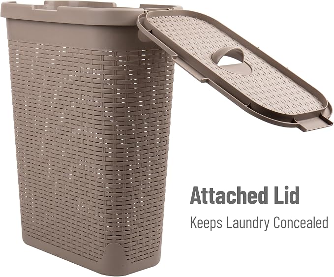 Mind Reader Slim Laundry Hamper with Lid, 40L Clothes Basket, Narrow Tapered Design with Ventilated Cutout Pattern, Plastic, Tan - Image 5