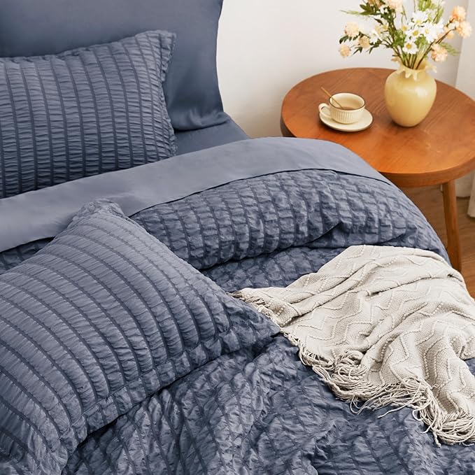 Love's cabin Seersucker Navy Blue Twin Comforter Set, 5-Piece All Season Lightweight Bed in a Bag Bedding Set with Comforter, Flat Sheet, Fitted Sheet, Pillowcase and Sham | Soft, Breathable, Lightweight