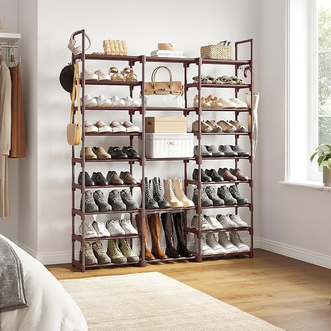 WOWLIVE 9 Tiers Shoe Rack Shoe Storage Shoe Organizer 30-35 Pairs Shoe Tower Unit Shelf Durable Metal Pipes with Plastic Connectors Stackable Cabinet Brown - Image 4