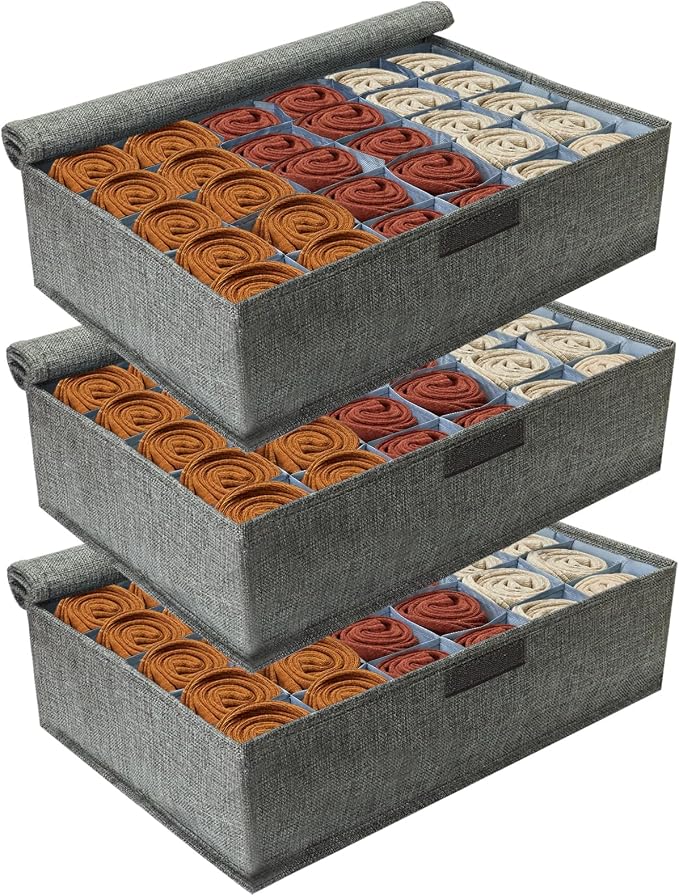 PINGMIC Gray Sock Organizer Divider 3 Pack with Lid - 30 Cell Foldable Closet Storage, Tie Organizer For Men Boxes for Socks, Ties, Belts by PINGMIC