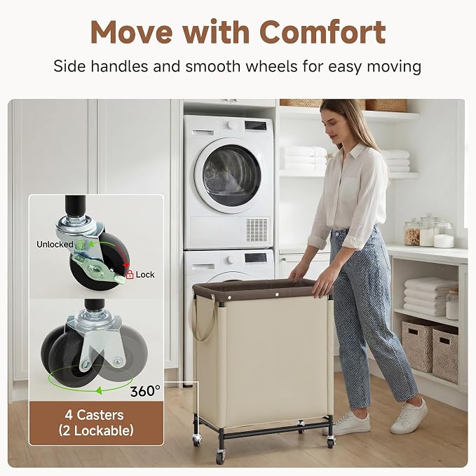 StorageWorks Laundry Hamper 2 Section, 100L Rolling Laundry Sorter Cart with Removable and Washable Liner Bag, Clothes Hamper with Wheels and Handle for Laundry Room and Bedroom, Light Khaki - Image 4