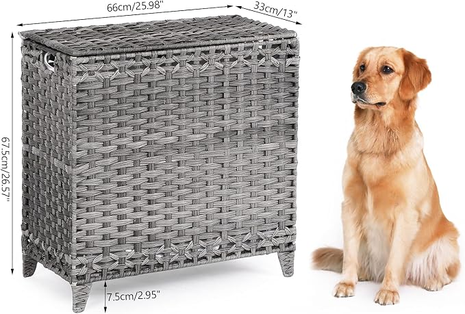 Laundry Hamper with 3 Removable Liner Bags; 132L Handwoven Rattan Laundry Basket with Lid & Heightened Feet; Clothes Hamper with Side Handles; Laundry Sorter with 3 Separate Sections - Image 7
