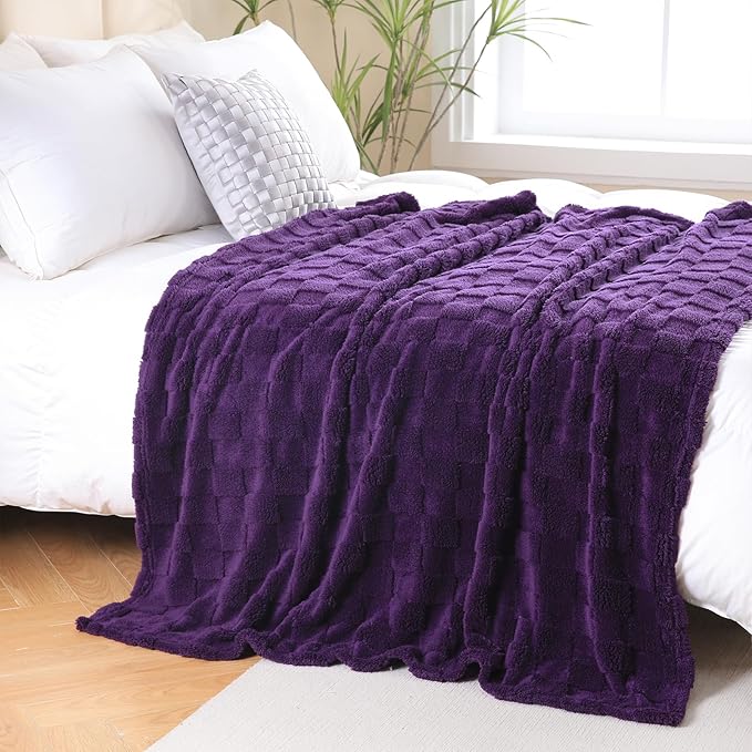 Deep Purple Fleece Throw Blanket 90”×90” for Couch Sofa Bed,Super Soft Cozy Plush Microfiber Flannel Blanket with 3D Checkered Design Lightweight for Adults,Woman,Girls