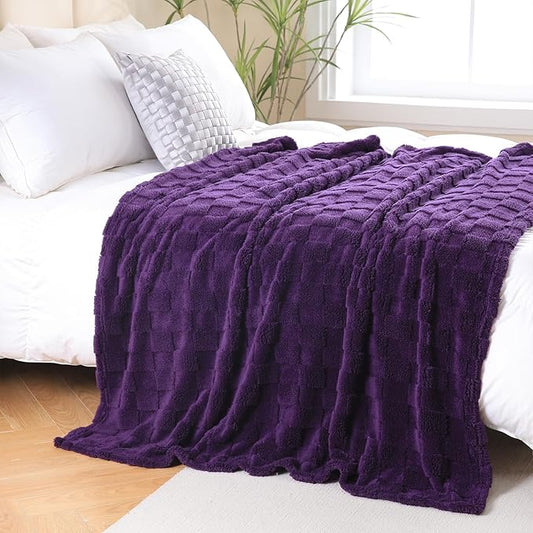 Deep Purple Fleece Throw Blanket 90”×90” for Couch Sofa Bed,Super Soft Cozy Plush Microfiber Flannel Blanket with 3D Checkered Design Lightweight for Adults,Woman,Girls