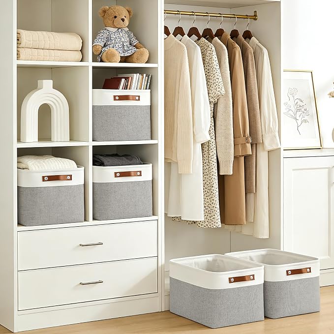 Bagnizer Storage Bins Large Fabric Storage Baskets for Shelves 3 Pack, Decorative Linen Closet Baskets with Handles for Organizing, Shelf, Clothes, Home, Office, 15x11x9.5Inches (Grey&White) - Image 3