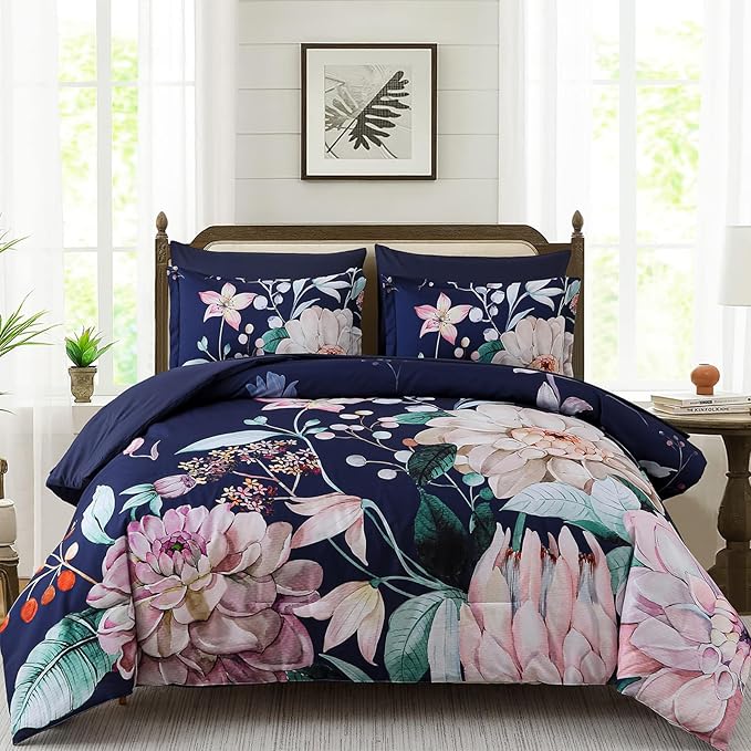 Drucon Navy Blue Comforter Set Queen Size - 7 Pieces Floral Bedding Sets, Soft Botanical Flowers Comforter Bed in a Bag with Sheets, Pillowcases & Shams