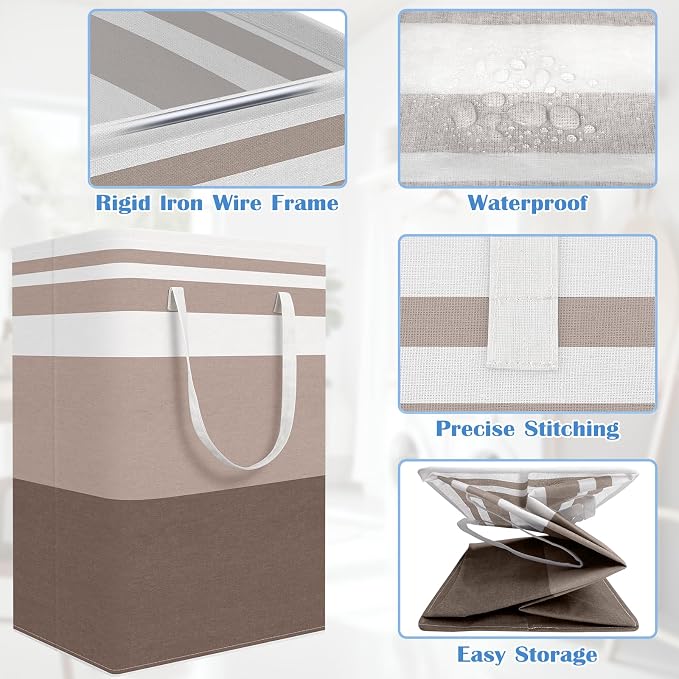 BlissTotes 3-Pack Laundry Basket, Freestanding＆Waterproof Laundry Hamper, Collapsible Tall Clothes Hamper with Easy Carry Handles for Clothes, Towels in the Family and Dorm,Gradient Khaki,125L - Image 4