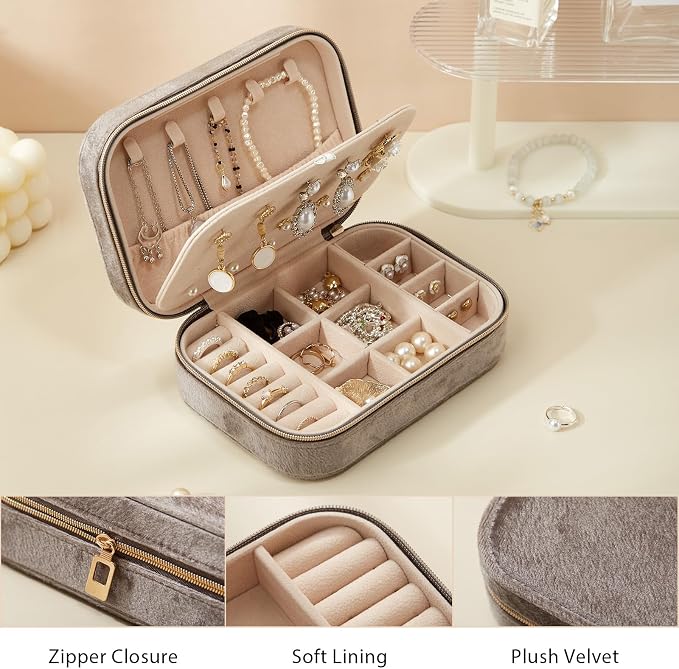 CASEGRACE Plush Velvet Travel Jewelry Box, Portable Jewelry Case for Women Girls, Double Layer Jewelry Organizer Display Box for Necklace Earring Rings Bracelet, Travel Accessory Gifts, Grey - Image 5
