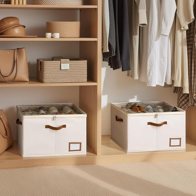 StorageWorks Shoe Organizer for Closet, 2 Pack Shoe Storage Boxes with Clear Lid, Stackable Shoe Storage Organizer for Sandals and Slippers, Fabric Shoe Bins for Closet, Holds 16–32 Pairs, Beige - Image 5