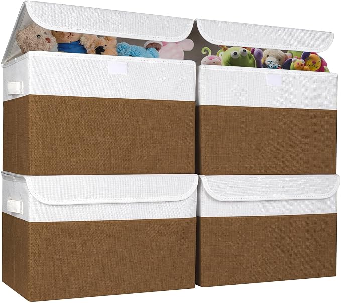 Bagnizer Large 22 Quart Linen Fabric Foldable Storage Bin Cube Organizer Basket with Flip-Top Lid & Handles, Clothes Blanket Box for Home, Office, Closet, Brown & White, 4 Pack 14.6 x 9.5 x 9.5 by Bagnizer