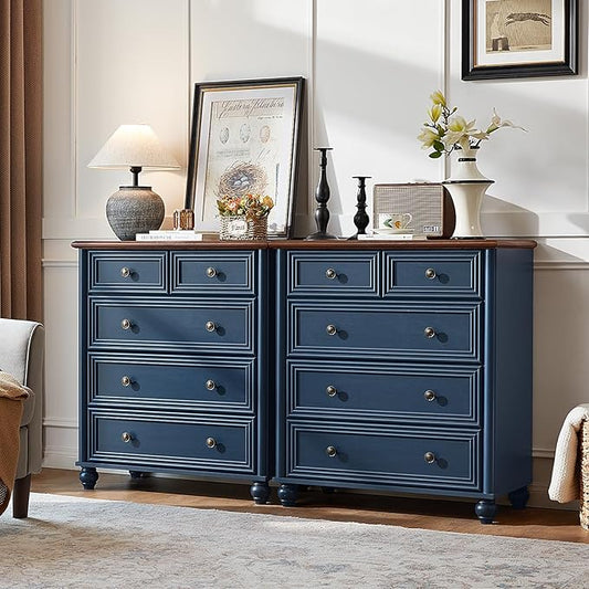 RWYHG Farmhouse 5 Drawer Dresser Set of 2, Blue Rustic Chest of Drawers, 35.5" Tall Small Dressers for Bedroom with Roman Column and Metal Handles,Wood Storage Organizer for Living Room,Hallway,Closet