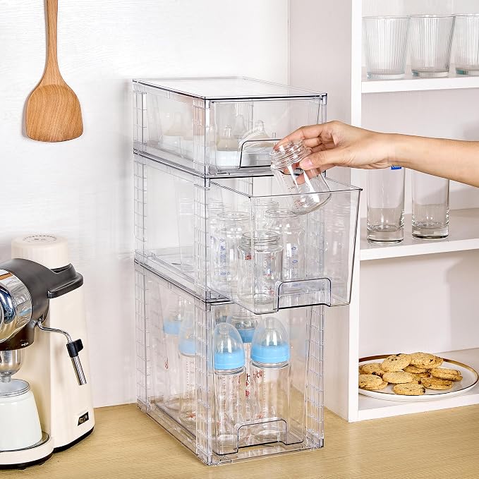 Vtopmart 3 Pack Clear Stackable Storage Drawers,Easy to Assemble Bathroom Organizers and Storage with handles,Plastic Drawers for Kitchen Pantry,Cabinet,Under Sink Organization - Image 6