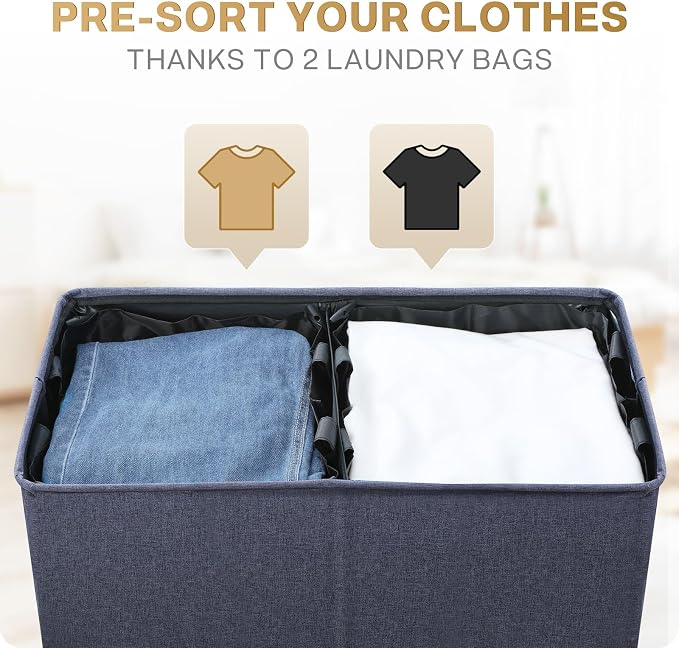 SOLEDI Large Double Laundry Hamper with Lid, Collapsible Clothes Hamper 2 section with Removable Bags, Space-Saving Laundry Basket for Bedroom, Dorm, College - Image 4