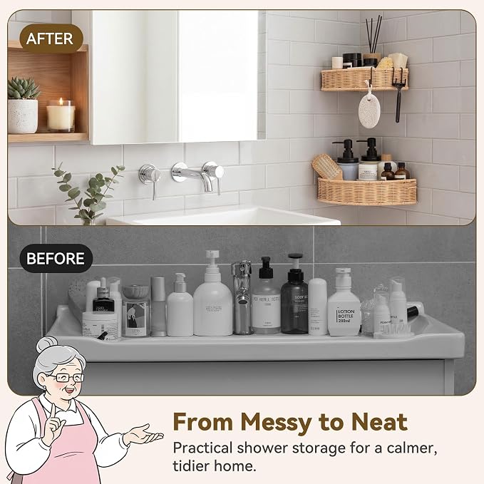 GRANNY SAYS 2 Pack Wicker Corner Shower Caddy Hanging, Shower Shelf for Inside Showers, Adhesive Shelves for Bathroom Organizers and Storage, Bathroom Shelves Wall Mounted for Home Decor, Natural - Image 3