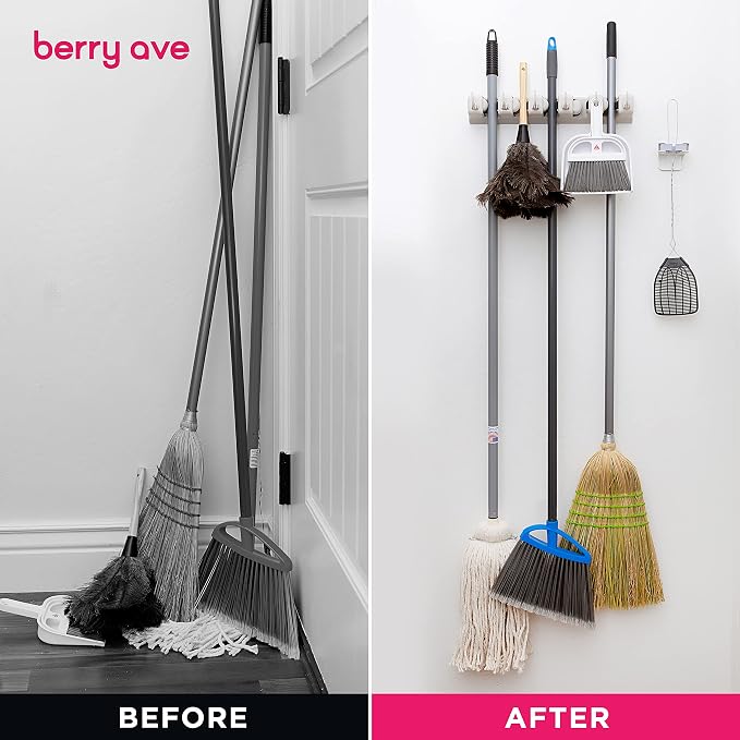 Broom Holder Wall Mount, Mop and Broom Organizer – Wall Mounted Broom Rack & Mop Rack, Rack for Brooms and Mops | Broom Hanger Wall Mount with 5 Slots & 6 Hooks, Kitchen Garage Laundry Garden (Beige) - Image 5