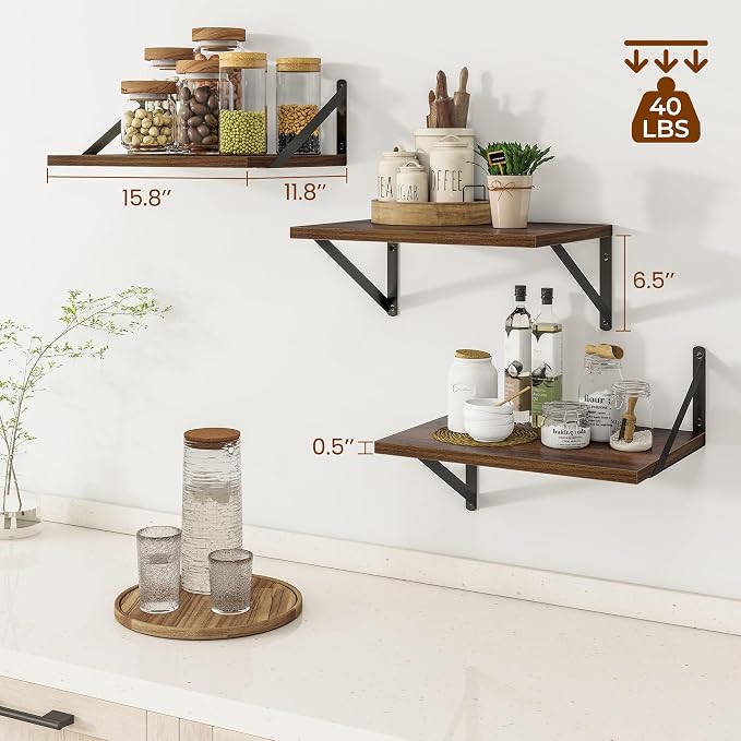 Heimlove Deep Floating Shelves for Wall, 12 Inch Deep Floating Shelves Set of 3, 16W x 12D Wood Wall Shelves, Wide Wood Shelves with Metal Bracket for Living Room, Kitchen, Office, Bedroom - Walnut - Image 3