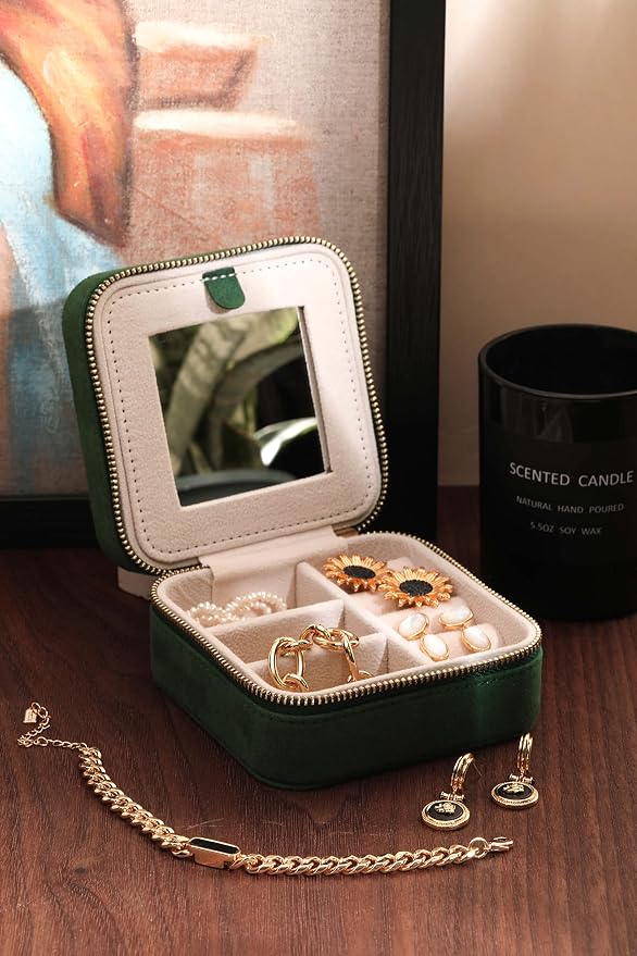 S.Leaf Travel Jewelry Organizer Boxes for Women Small Portable Necklace Earrings Bracelet Rings Travel Case Best Friend Birthday Gifts for Women Trendy (08_Suede_Touch_Emerald) - Image 3