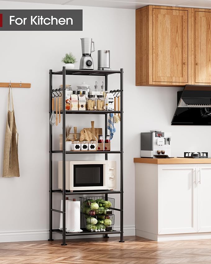 Sakugi Storage Shelves - 5-Tier Large Capacity Shelf Organizer with Hooks, Heavy-Duty Garage Shelving with Leveling Feet, Wobble-Free Rack for Bedroom, Balcony, Garage, 18.1"×12.4"×56.8", Black - Image 8