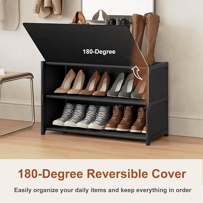 Shoe Rack, 3 Tier Shoe Storage Cabinet with Door 12 Pair Plastic Shoe Shelves Organizer for Closet, Entryway, Hallway, Bedroom, Black - Image 6