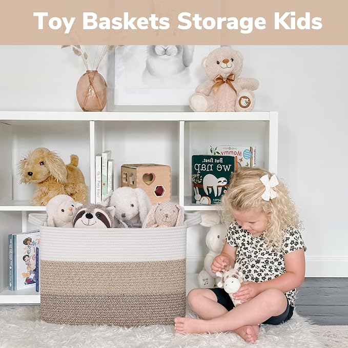 Goodpick Large Storage Basket, 18"x14"x12" Cotton Rope Organizer for Blankets, Toy Baskets Storage Kids, Rectangle Woven Basket for Living Room, Bedroom, Gradient Brown - Image 4