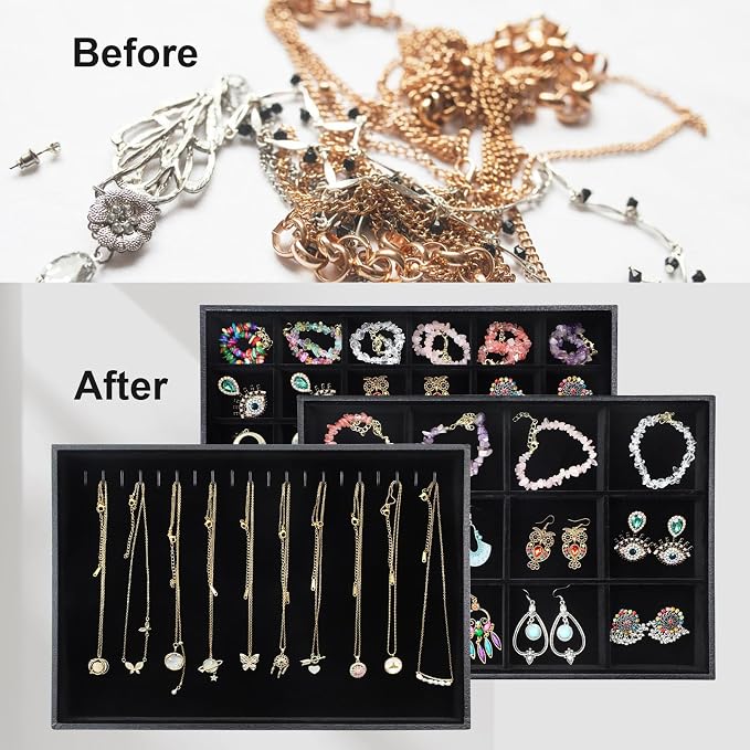 Stratalife Jewelry Trays Jewelry Organizer Earring Storage Drawer Jewelry Organizer Tray Drawer Insert Jewelry Storage with Removable Dividers For Women Set Of 3 Black - Image 4