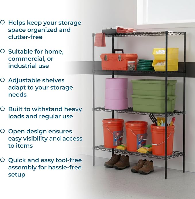 Honey-Can-Do 4-Tier Heavy Duty Extra-Wide Adjustable Shelving Unit, 350-lb Per Shelf Metal Storage Rack, Wire Shelf for Garage Workshop Basement, Black, 48 x 18 x 72 in - Image 8