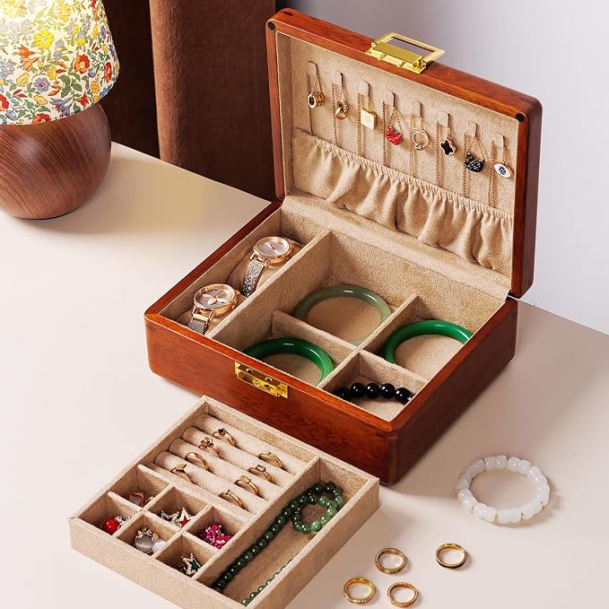 Solid Walnut Wood Jewelry Organizer Box with Lock, 2-Layer Vintage Jewelry Box for Men Women, Velvet-Lined Storage for Earrings Rings Necklaces Bracelets Watches Perfect Father Day Gift Khaki - Image 2