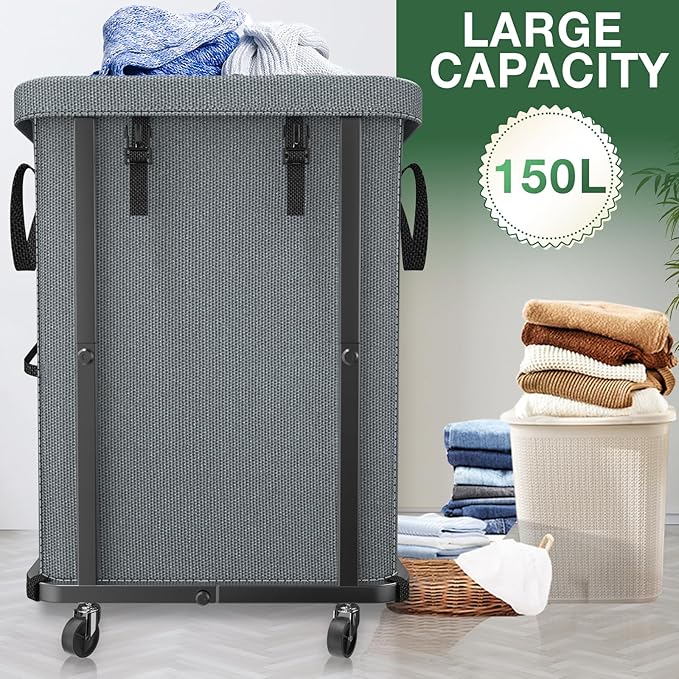 40 Gal(150L) High Grade Large Laundry Basket with Wheels, Rolling Laundry Hamper, Laundry Cart with Metal Frame and Removable Bag Design, Suitable for Laundry Room, Bedroom - Image 2