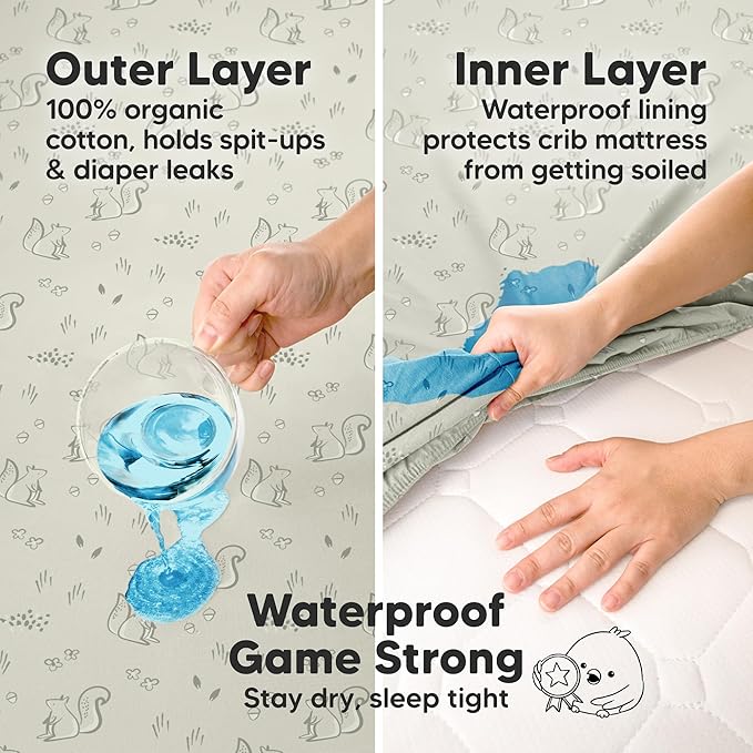 2-Pack Waterproof Crib Sheets for Boys, Girls - 52x28 Fitted Organic Cotton Baby Crib Sheets, Toddler Mattress Protector Cover, Washable, Soft & Durable Baby Bedding Essentials(Pine Grove)