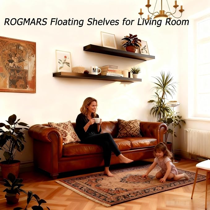 ROGMARS 36 Inches Long Black Floating Shelves,Rustic Solid Wood Farmhouse Wall Shelves with Invisible Brackets for Bathroom, Living Room, Bedroom, Kitchen Set of 2 - Image 3