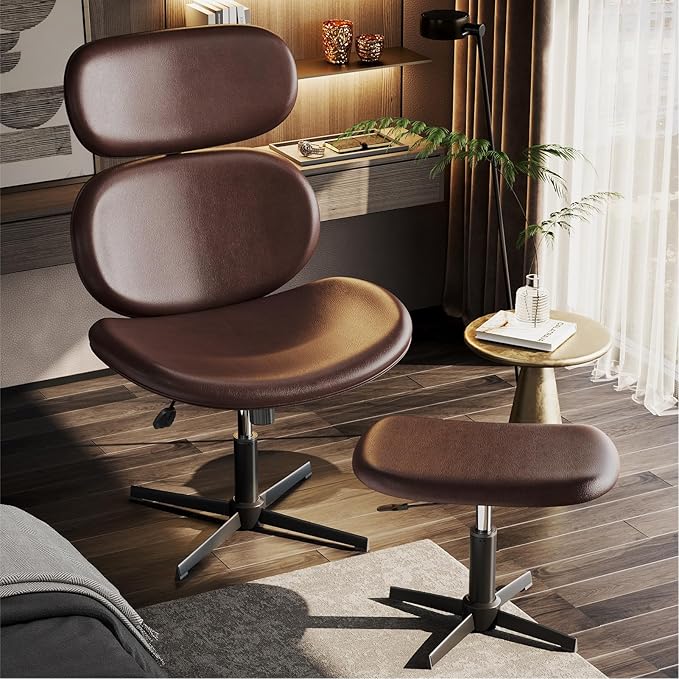 Bestier Swivel Modern Chair with Ottoman No Wheels, PU Criss Cross Reading Chair with Extended Headrest & Adjustable Seat, Modern Armless Ergonomic Chair for Living Room, Dark Brown