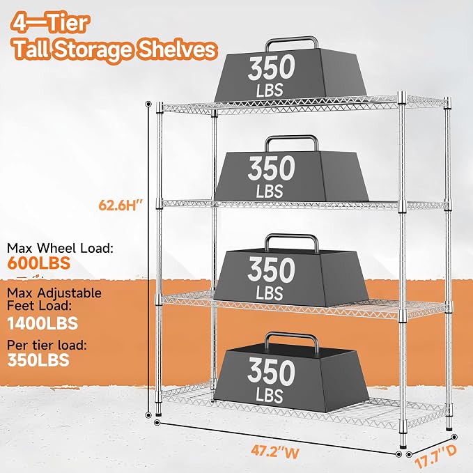 M MZG 4 Tiers Storage Shelves Load 1400LBS, Metal Shelving Wire Metal Shelving Unit Shelves for Storage Adjustable Garage Shelving for Pantry Kitchen Garage Chrome 17.7" D x 47.3" W x 62.7" H - Image 3