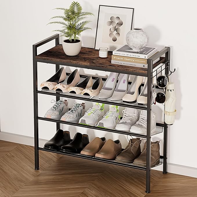 4 Tier Shoe Rack, Shoe Rack for Entryway with Hook, Shoe Organizer with Adjustable Mesh Shelves, Metal Shoe Storage, Closet, Bedroom Living Room Garage by Unknown