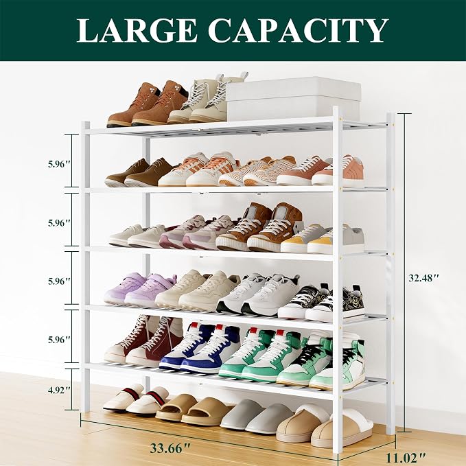 Smiry Shoe Rack, 5 Tier Long Bamboo Shoe Organizer, Stackable Free Standing Wooden Shoe Storage Shelf for Closet, Entryway, Front Door Entrance, White - Image 2