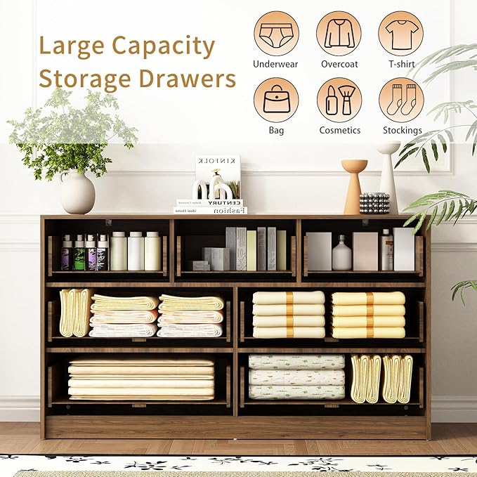 7 Drawer Dresser and Nightstand Sets for Bedroom, 3 Pcs Bedroom Set，Night Stand Set of 2 & 7 Drawer Dresser with Gold Handles, Wood Chest of Drawers Mid Century Storage Cabinet Set, Natural