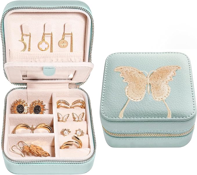 S.Leaf Travel Jewelry Organizer Boxes for Women Small Portable Necklace Earrings Bracelet Rings Travel Case Best Friend Birthday Gifts for Women Trendy (Butterfly_Hazeblue_Gold) by SLeaf