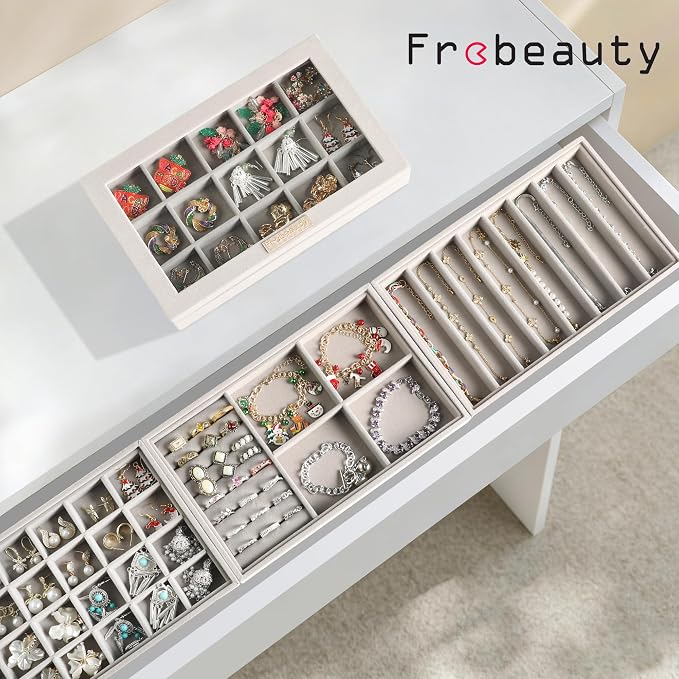 Frebeauty Stackable Jewelry Trays, Velvet Drawer Jewelry Organizer with Glass Lid,5 in 1 Multi-Functional Jewelry Storage for Earrings Necklaces Rings, 10.5 x 6.5 x 5.55 Inches Gift for Women(Grey) - Image 2