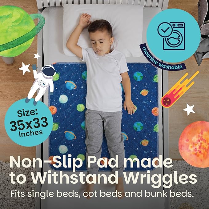 Lynmark® 2x Potty Training Mattress Protector Pee Pad for Kids - Waterproof Toddler Bed Wetting Mat for Toilet Training - Non-Slip Washable Bedwetting Topper Absorbs Up to 2000ml- 35" x 33", Astronaut