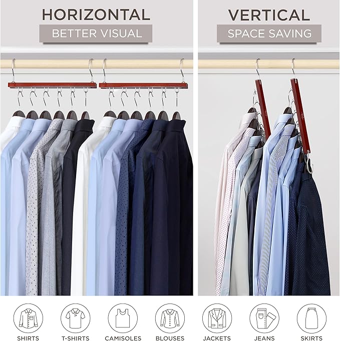 MORALVE Space Saving Hangers for Closet – 4 Pack European Beechwood 6-Tier Shirt Organizer with 360° Swivel Hook – Collapsible Clothes Hanger for Closet Organization (Hangers Not Included) - Image 4