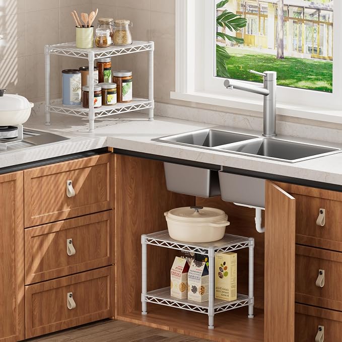 SINGAYE 2 Small Shelves Kitchen Storage Shelf Wire Shelving Unit Metal Shelf Adjustable Organizers Storage Shelving for Office Pantry White 12" D X 18" W X 12" H - Image 2