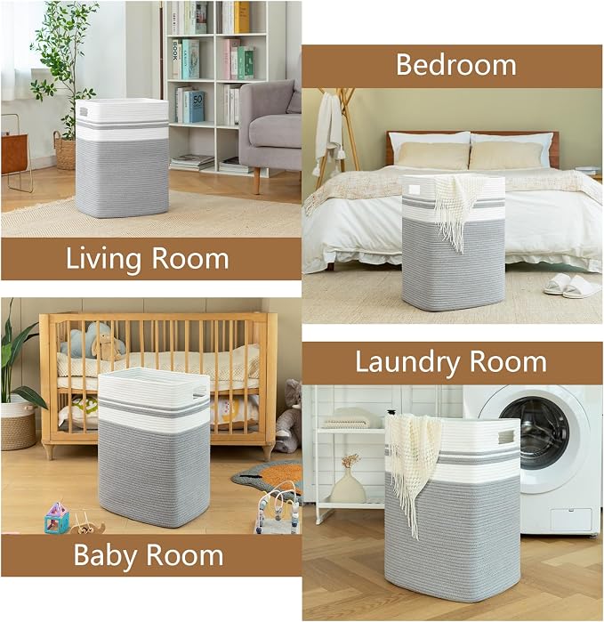 OIAHOMY Laundry Hamper, Tall Cotton Decorative Blanket Storage Basket with Handles for Living room,Collapsible Large Baskets for Toys,Pillows,Clothes Organizer-16x13x22in-Gray - Image 6