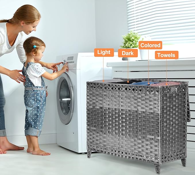 Laundry Hamper with 4 Removable Liner Bags; 176L Handwoven Rattan Laundry Basket with Lid & Heightened Feet; Clothes Hamper with Side Handles - Image 2