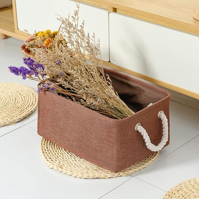 TheWarmHome Fabric Storage Basket for Home, Shelf, Closet - Canvas Bin for Dog Toys and Baby Items (Brown, 1 Pack, 13.8L9.8W6.7H) - Image 2