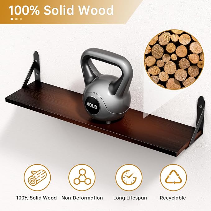 ROMGUAR CRAFT Wood Floating Shelves Set of 4, Rustic Storage Decor Wall Shelves, Wall Mounted Shelf for Living Room, Bedroom 23.6" x 6", Brown - Image 4