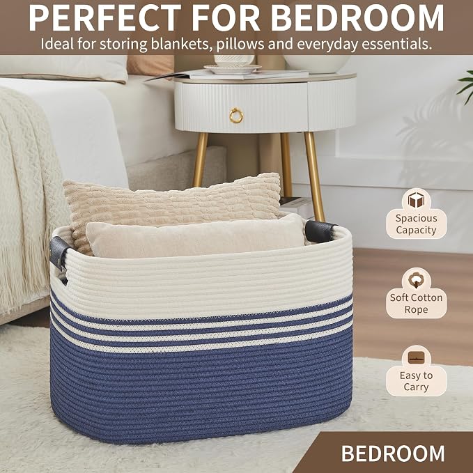AINUOQI Laundry Basket with Handles - Blanket Basket & Hampers for Bedroom Aesthetic, Laundry Hamper & Blanket Storage for Living Room, Clothes Hamper, Tall, Large 21.7" x 16.9" x 11.8”, Blue - Image 6
