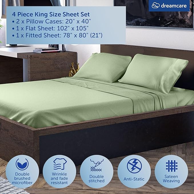 DREAMCARE King Size Sheets Set – 4 pcs Cooling Sheets – up to 21” Deep Pocket King Sheet Set – Hotel Luxury Sheets & Pillowcases – Superior Softness 100% Microfiber with Side Pocket - Sage Green