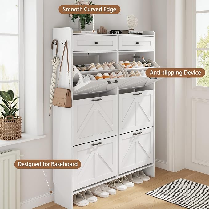 Shoe Cabinet with 6 Flip Drawers & 2 Top Drawers, 57" Tall Freestanding Narrow Wooden Shoe Storage Organizer for Entryway, Hidden Slim Shoe Rack for Front Door Entrance, Hallway, Living Room, White - Image 5